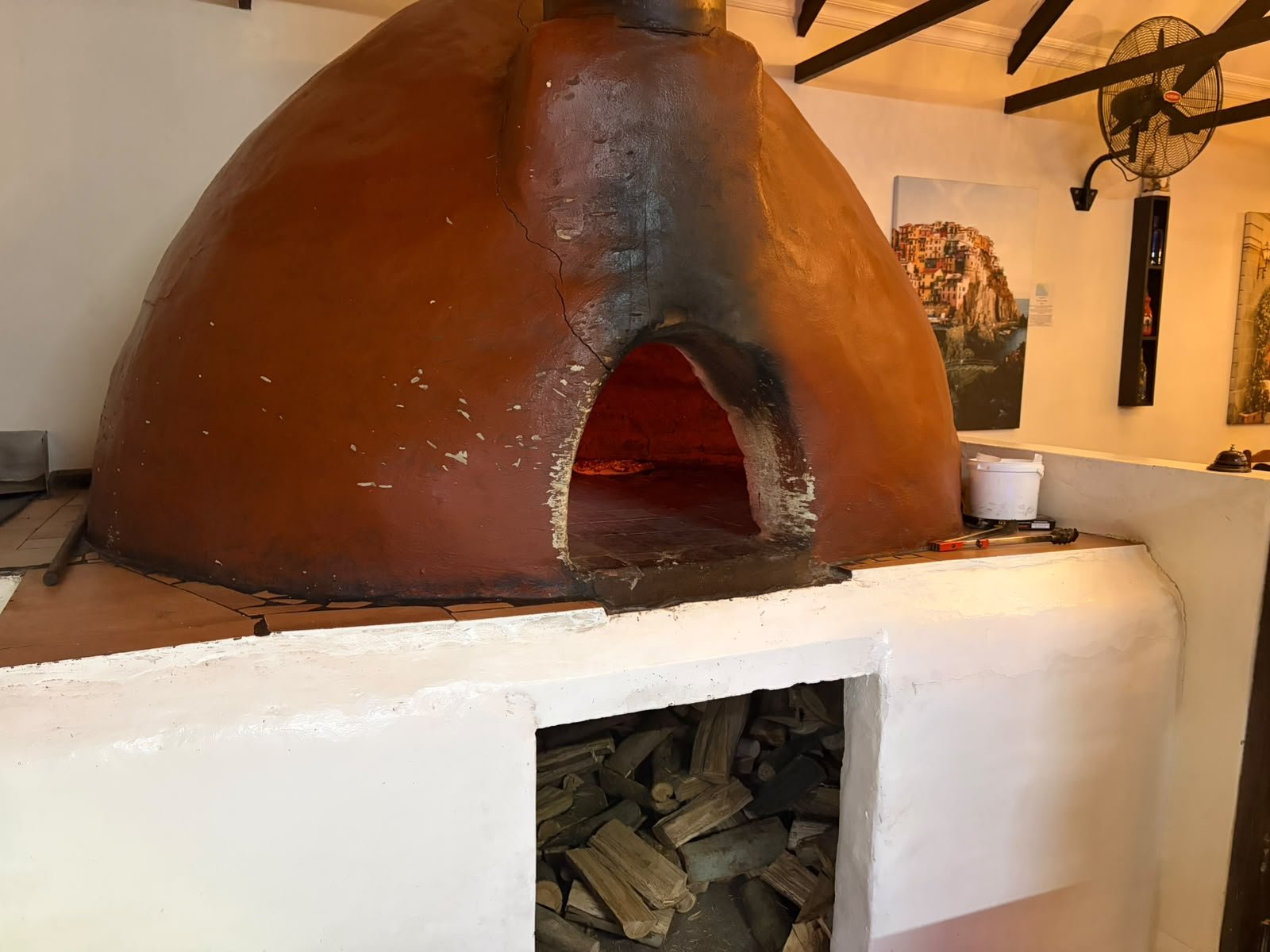Flames inside the wood-fired oven
